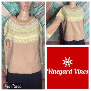 Vineyard Vines Fair Isle Tan & Neon Yellow Cashmere Sweater